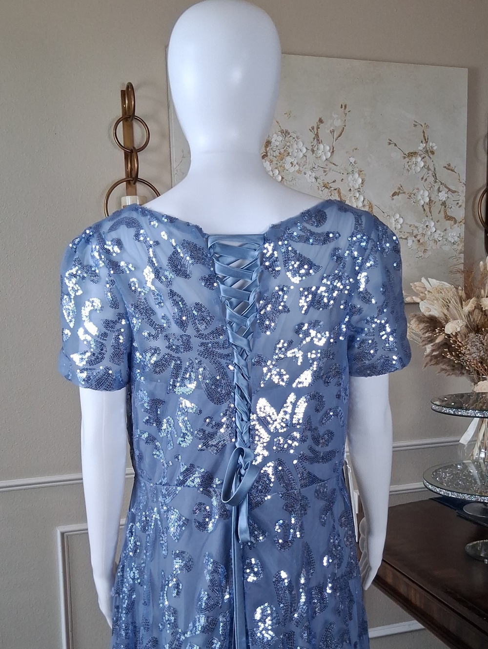 New Women's Dusty Blue Sequin Lace Evening Formal High Low Dress Size 14 - Picture 11 of 16